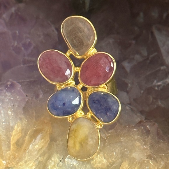 Gemstone ruby sapphire golden Quartz gold over sterling silver statement ring - Picture 10 of 10